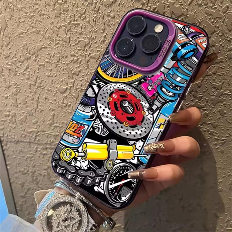 Mechanical Gear Pattern Electroplate Silver IMD Phone Case For iPhone 11 12 13 14 15 16 Pro Max 16E 7 8 Plus X XS XR SE2 Cover
