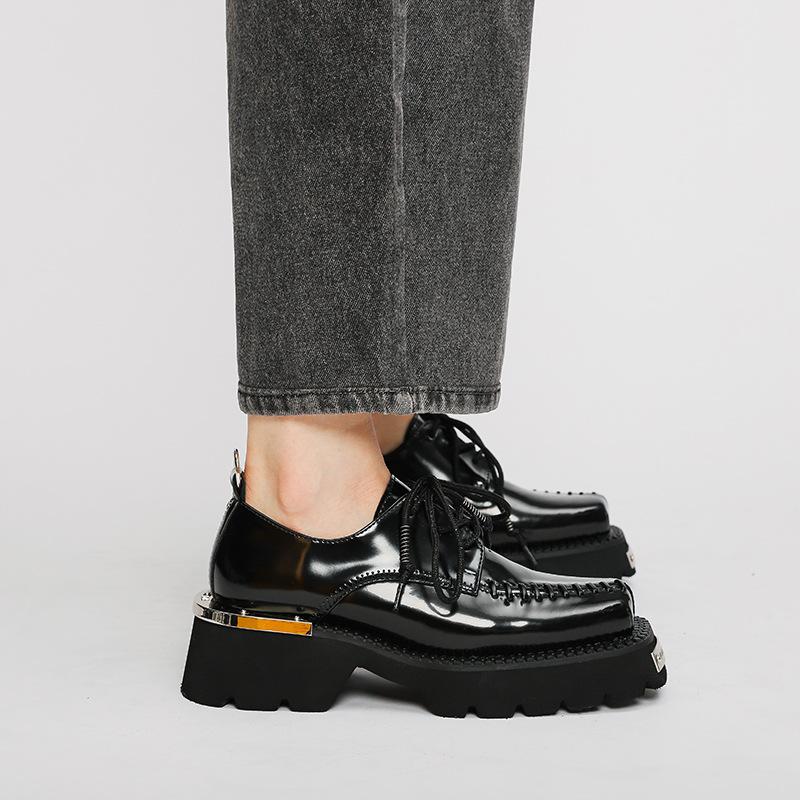 Plateau Damenschuhe Frühling Neu Klobige Mules Britischer Stil Bequeme Schuhe Mode Metall Lässig Kleid Quadratische Zehenpartie Oxford Schuhe