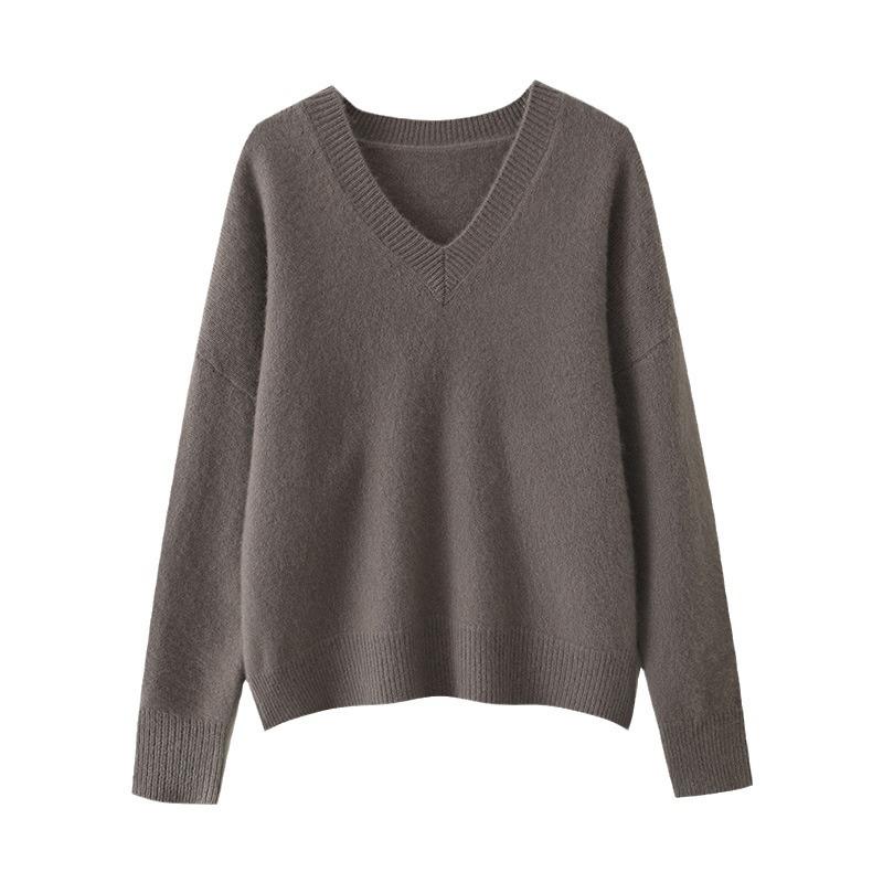 New Arrival: Women's V-Neck Raglan Sleeve Solid Long Knit Sweater - Loose, Cozy Wool Base Layer for Autumn/Winter