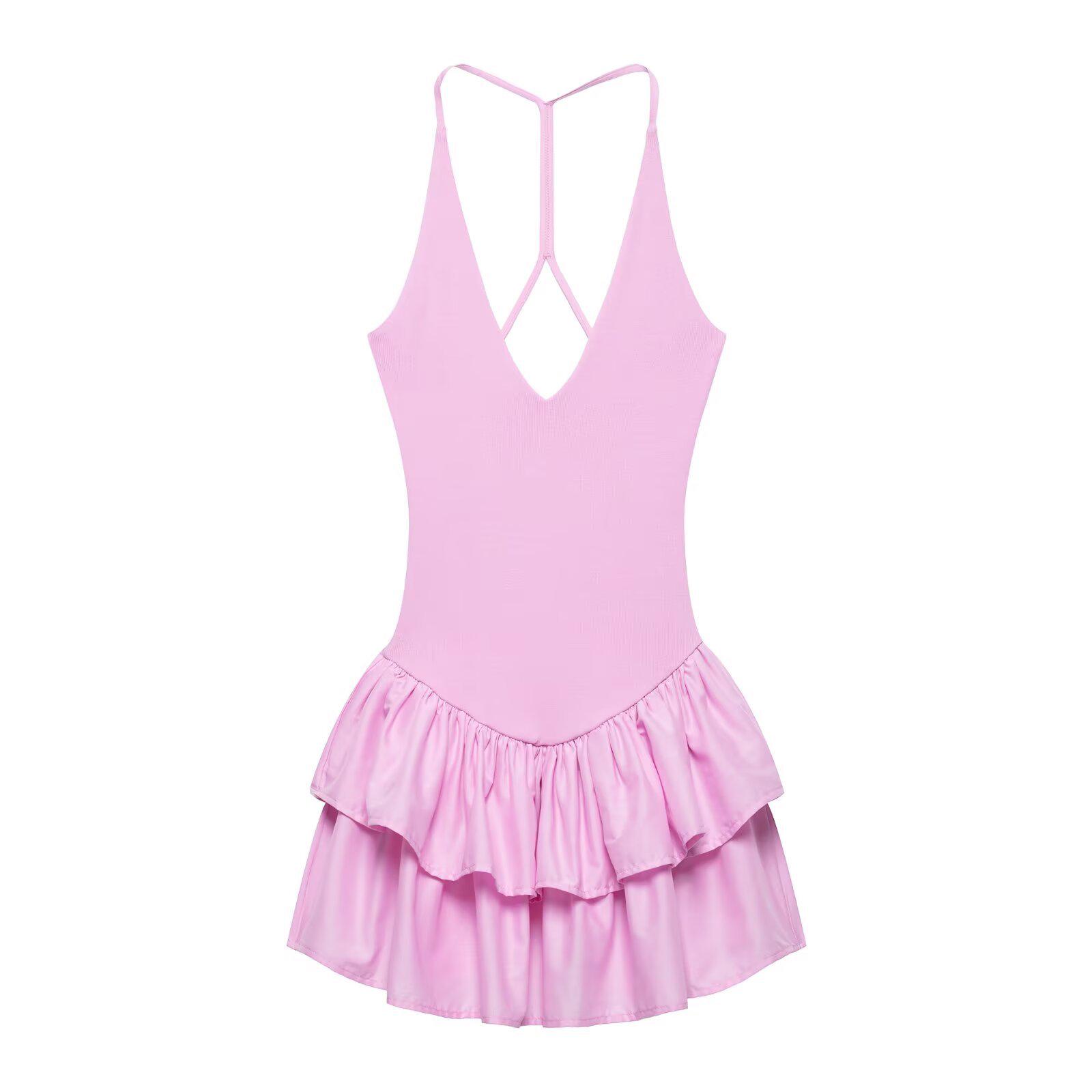 

Spring/Summer 2025 Women s Slim Sexy V-Neck Pleated Dress with Patchwork & Backless Design Medium розовый