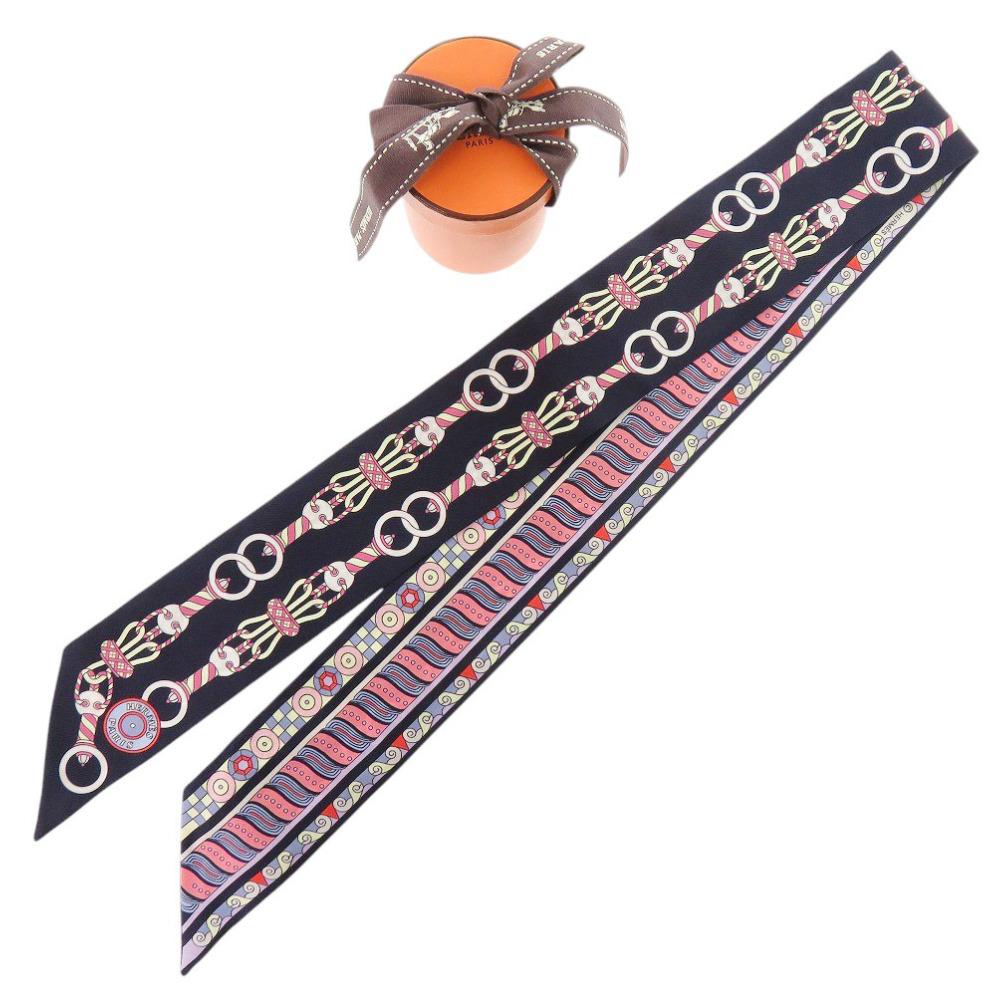 Used AUTHENTIC HERMES Twilly Harnais en Rosace Scarf Navy/Multicolore silk