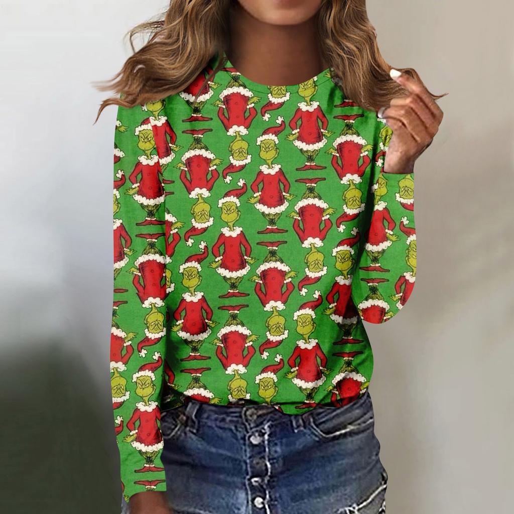 Women's Fashion Casual Long Sleeve Print Round Neck Pullover Top Blouse