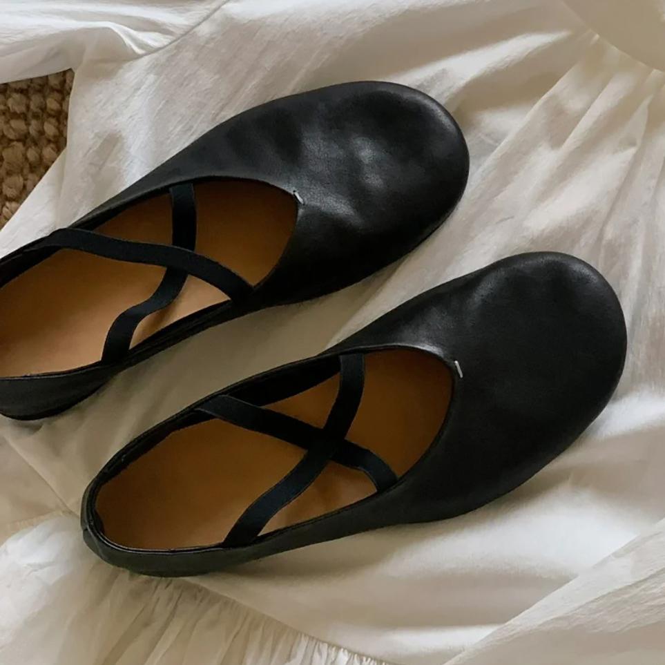 Fashion casual design cross elastic band women flats round toe soft leather moccasins retro mules slip on loafers zapatillas de mujer