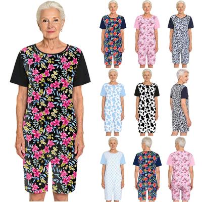 Macacão Adaptativo Adulto Feminino Manga Curta Bloco de Cores Botão na Virilha Body para Idosos com Demência Alzheimer