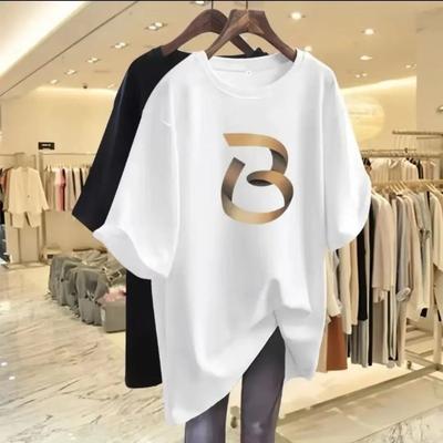 Women's White Oversized Short Sleeve T-Shirt with Gold Letter Print