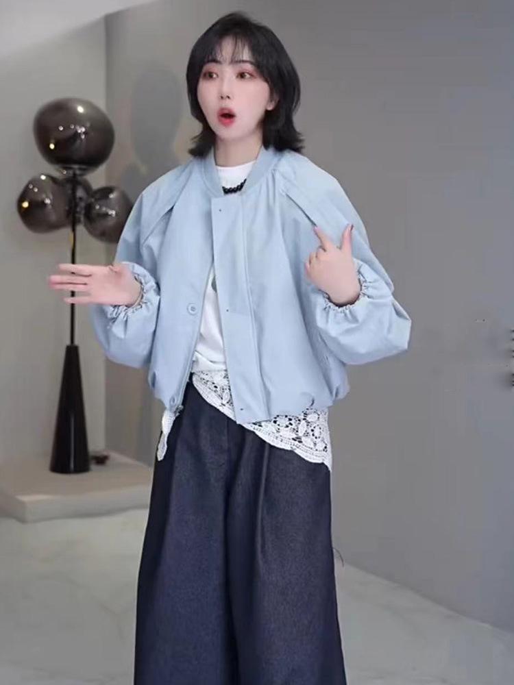 

Женская короткая куртка на молнии сбоку в корейском стиле - Весна 2025 Повседневный маленький топ в стиле бейсбольной формы L небесно-голубой