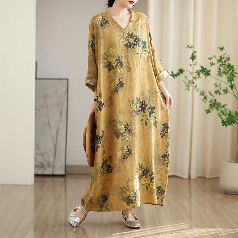 Colorful Vacation Style Travel V-neck Retro Long Skirt Cotton Linen Dress