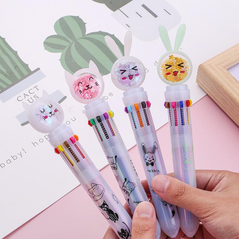 Korean 10-Color Glitter Rabbit & Cat Ballpoint Pen Set - Multifunctional & Transparent for Journaling