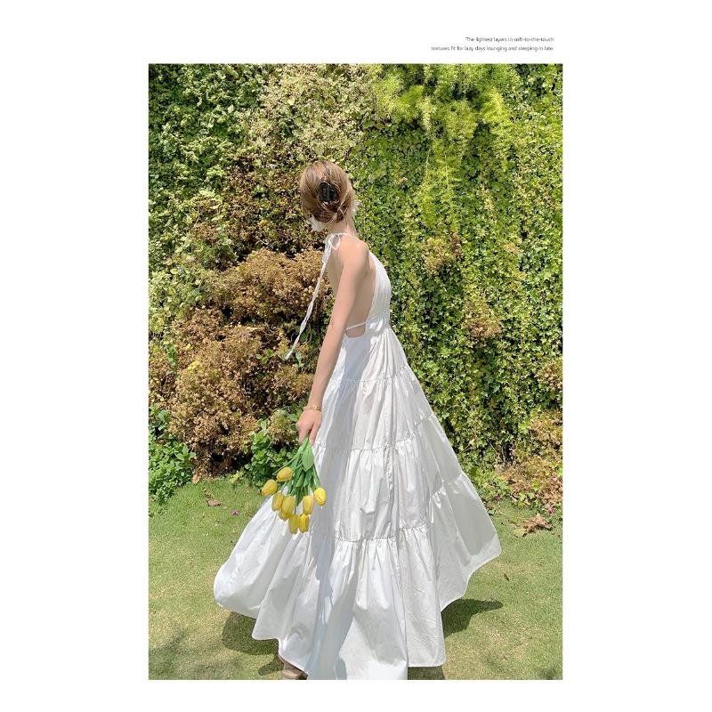 Damen Sommer rückenfrei Hängender Hals Neckholder Urlaub lange lockere Kleider