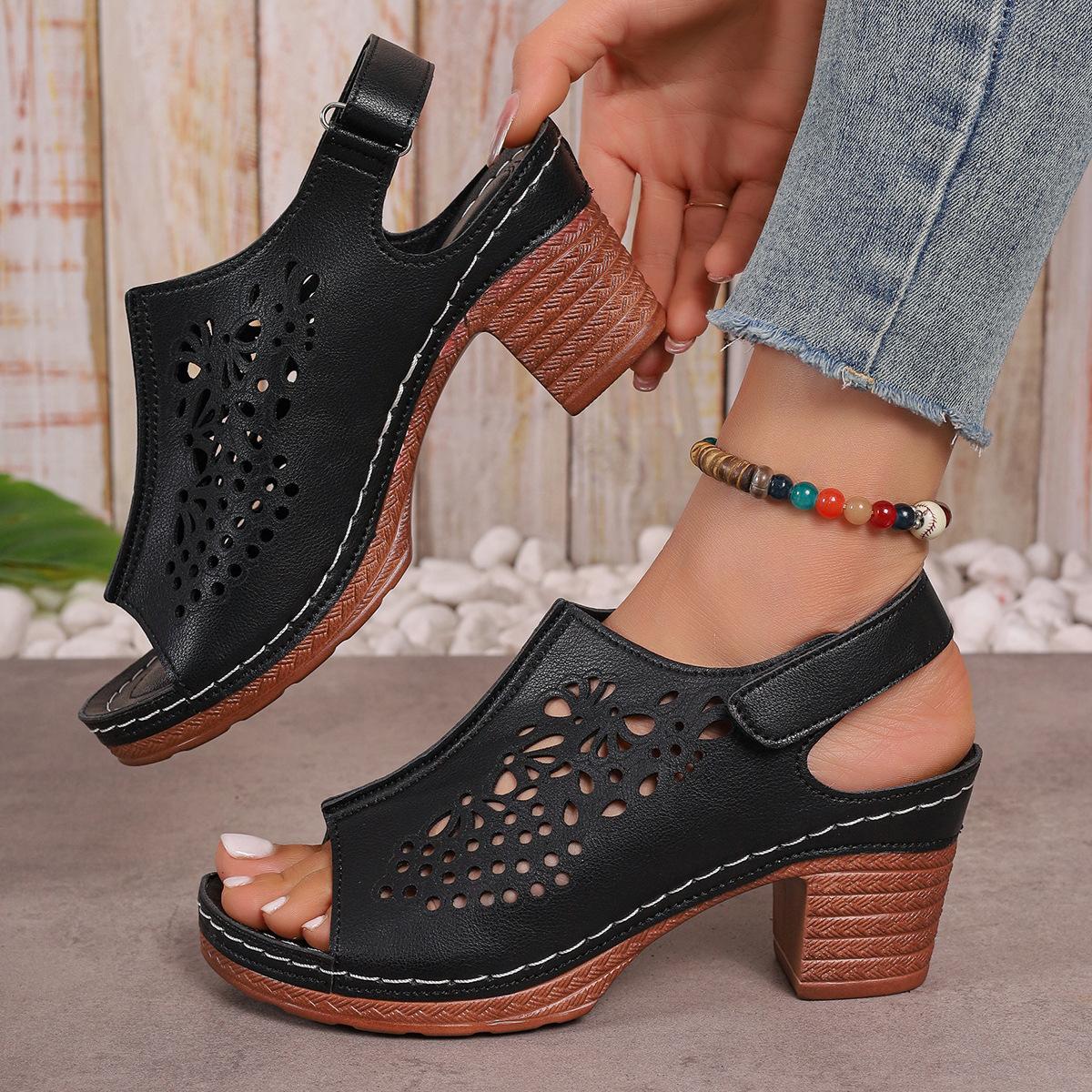 

Летние босоножки на высоком каблуке женские 2024 новые с открытым носком на липучке внешнеторговые большого размера производитель женской обуви 43 чёрный