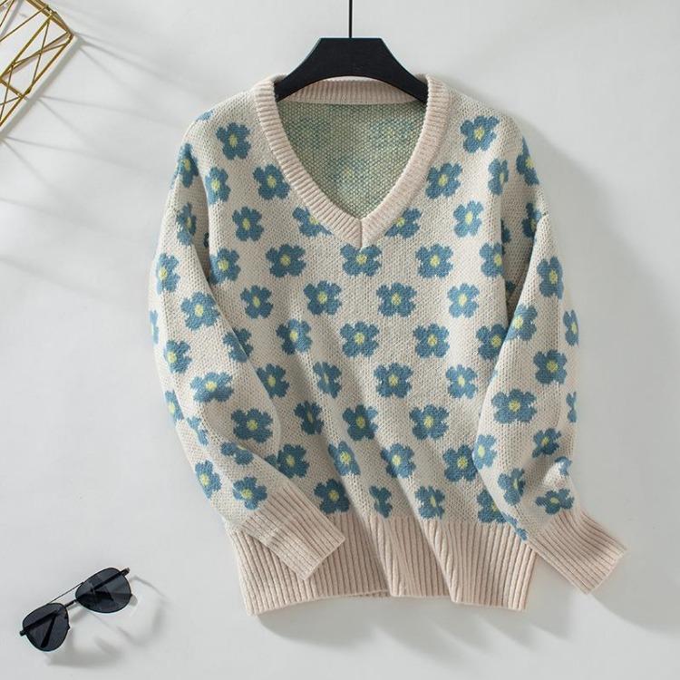 Vintage Loose V-Neck Knitwear Sweater Long Sleeve Print Pullover Top for Autumn Winter