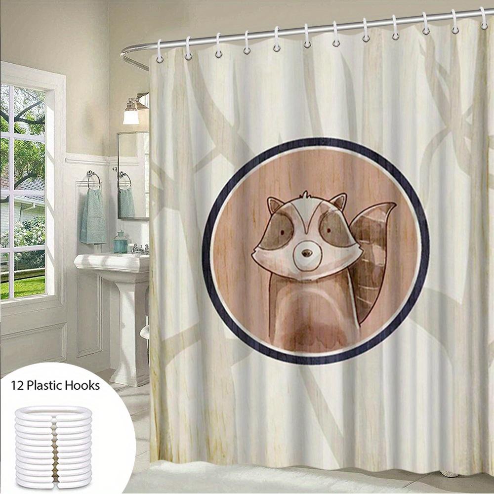 Whimsical Raccoon Shower Curtain - Cartoon-Style Design, Forest Beige Background, Black & White Mask
