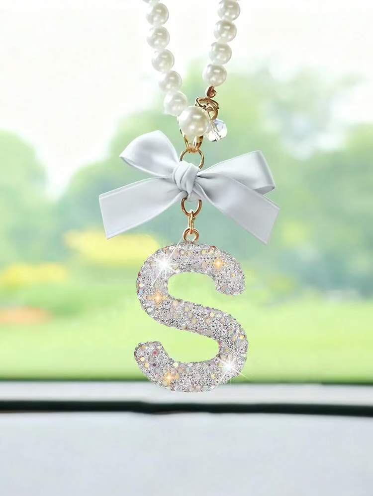 Creative Diamond Fashionable Bow Letter Car Pendant Car Rearview Mirror Decoration Exquisite English Pendant Decoration