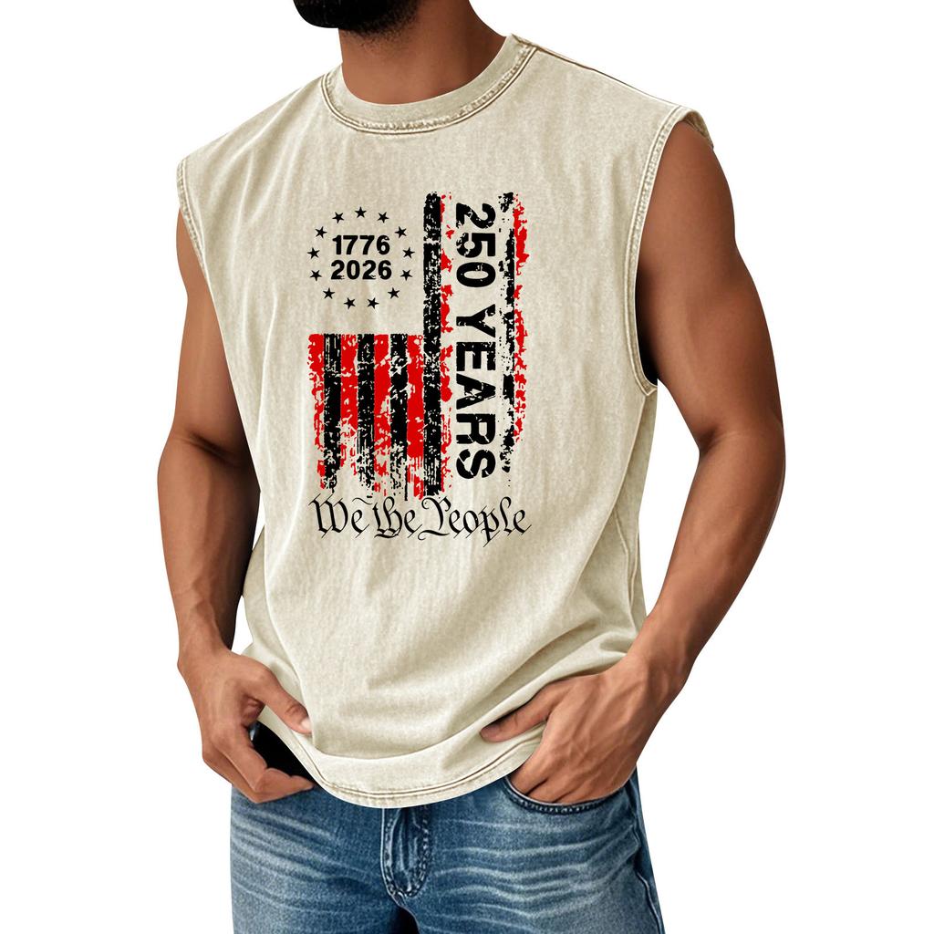 Men's Printed Round Neck Distressed Top Casual Comfort Vest