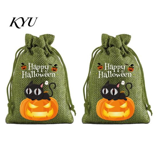Lightweight Candy Carriers 2Pcs Halloween Pumpkin Drawstring Bags for Treats, Retro Burlap Pattern Party Favors Trick or Treat Bags, Portable