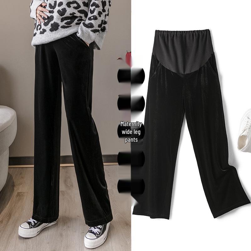 Autumn/Winter High-Waisted Velvet Wide-Leg Maternity Pants - Trendy Loose Fit for Expecting Moms