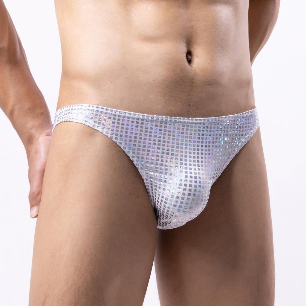 Slip Lucidi e Brillanti Intimo Sexy da Uomo Seta Ghiaccio Vita Media Poliestere U Rigonfiamento Pene Mutandine Traspiranti Erotiche