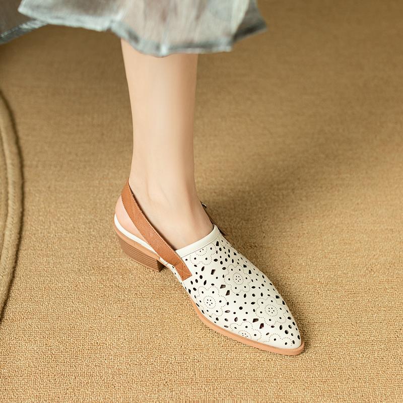 Summer Women Sandals Genuine Leather Shoes for Women Cover Toe Chunky Heel Shoes Pointed Toe Slingback Sandals Gladiator Shoes