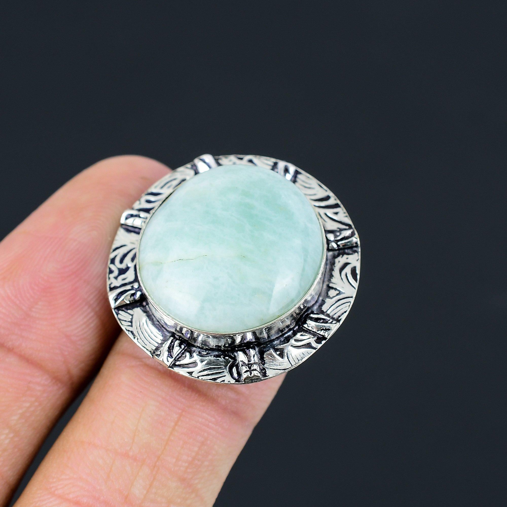 Round Amazonite Stone New Promise Handmade Daughter Ring Jewelry 925 Silver US 7 7