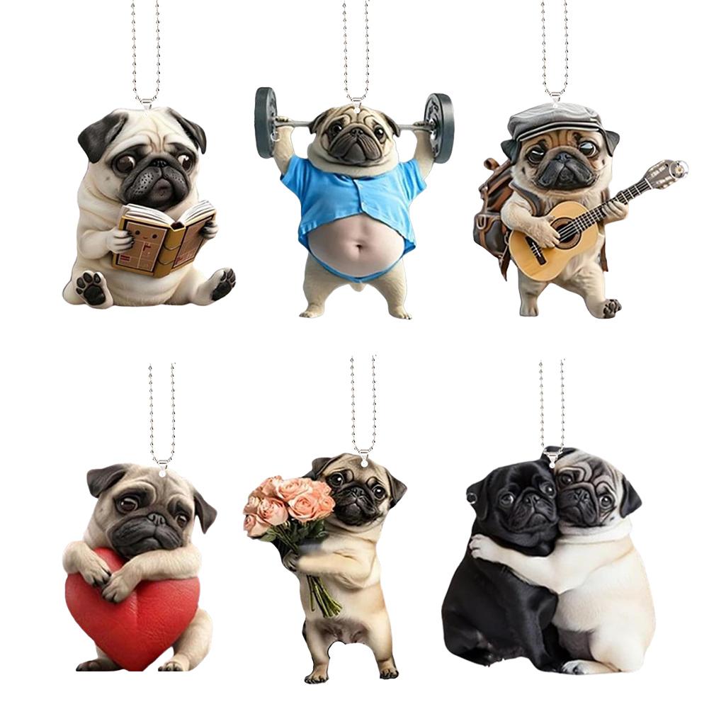 Adorable Pug Acrylic Car Rearview Mirror Accessories 2D Cute Puppy Pendant Ornaments Keychain Charms For Car Backpacks Decor