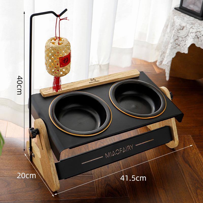 Adjustable Height Pet Feeder Stand with 2 Dishwasher-Stainless Steel Bowls–Wood Top& Metal Frame Elevated Food/Water Station