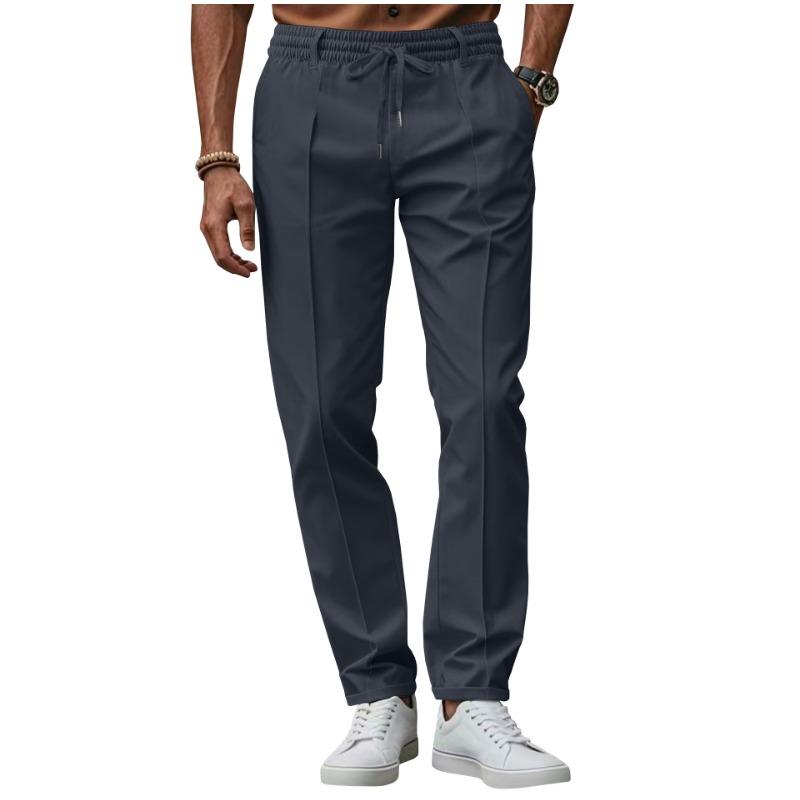 Men Front Pleated Casual Pants Elastic Waist Drawstring Straight Leg Trousers S темно-синий