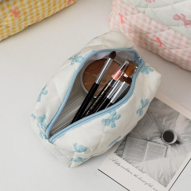 Quilted Bear Bow Makeup Bag Floral Cosmetic Bag 2025 Cute Travel Toiletry Bag Organizer Cotton Makeup Brushes Storage Case