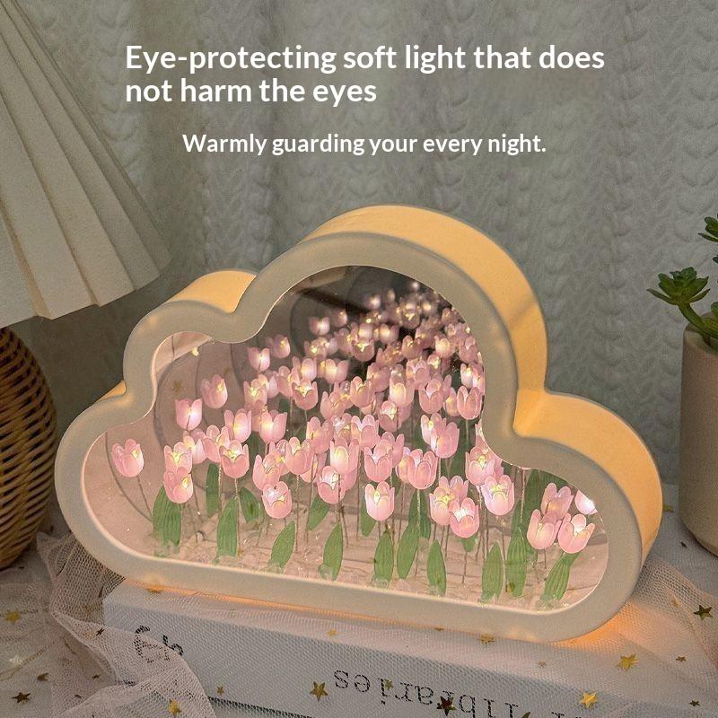 Cloud Shape Tulip Night Light Diy Mirror Flower Atmosphere Lamp Desktop Ornament Creative Handmade Gift For Bedroom Decoration