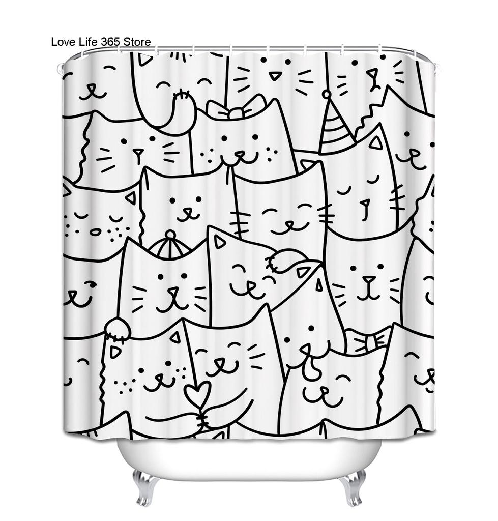 Schwarze Linie Katze Duschvorhänge Waschbarer Stoff Polyester Für Badewanne Kunst Badezimmerdekor Trennwand Mit Haken Aufhängen Wasserdicht