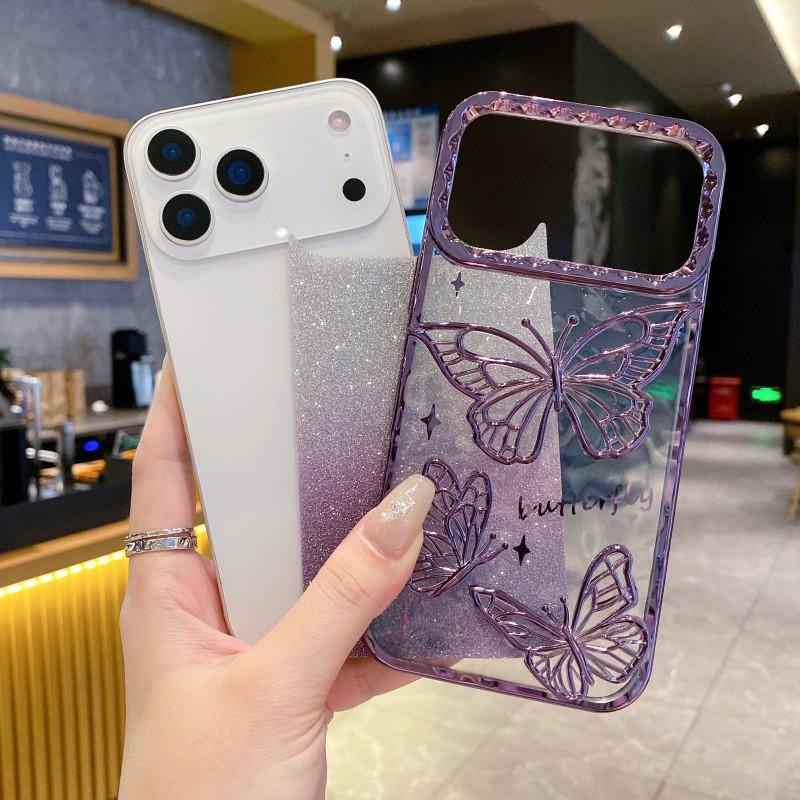 3D Butterfly Glitter Case For iPhone 17 Pro Max 17 Air 17Pro Shockproof Transparent Soft TPU Plating Phone Back Cover