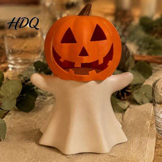Zucca Decorativa Portacandele Fantasma di Halloween LED Elettronico Supporto Decorazione Festa Autunnale Ornamento Stampato 3D per Festa Casa
