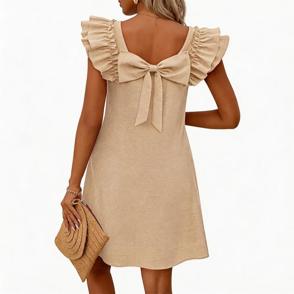 Vestido Feminino de Moda Primavera e Verão com Manga Folha de Camada Dupla e Laço nas Costas