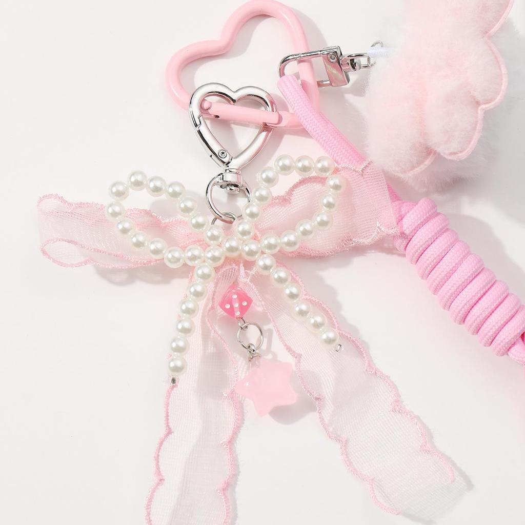 Autumn & Winter Sweet Casual Pompom Bow & Heart Woven Keychain Charm