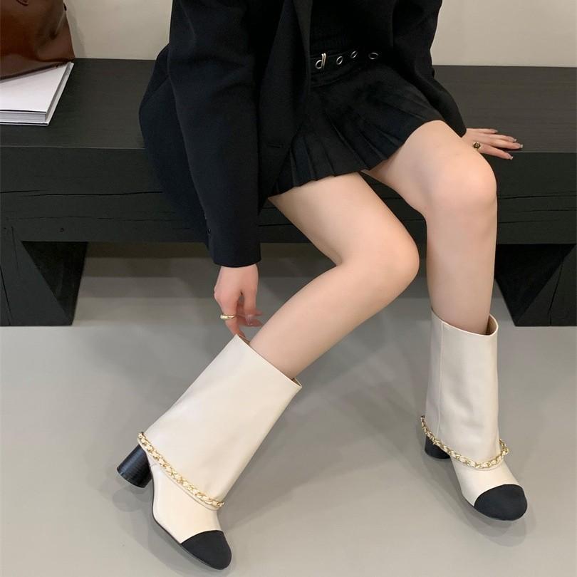 Xiaoxiangfeng trouser tube boots new round head color matching thick heel splicing sleeve high heel metal chain boots women