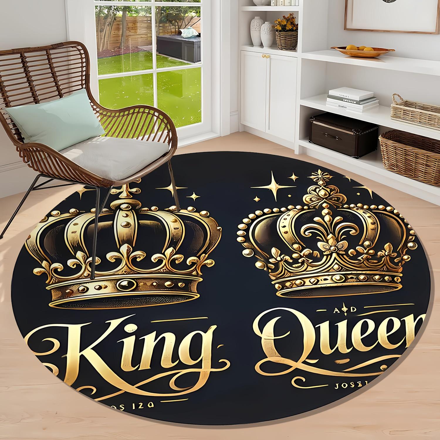 

King Queen Crown Round Rug, Washable Indoor Outdoor Mat for Living Room, Bedroom, Patio Garden Decor, Royal Themed Carpet Diameter 60cm