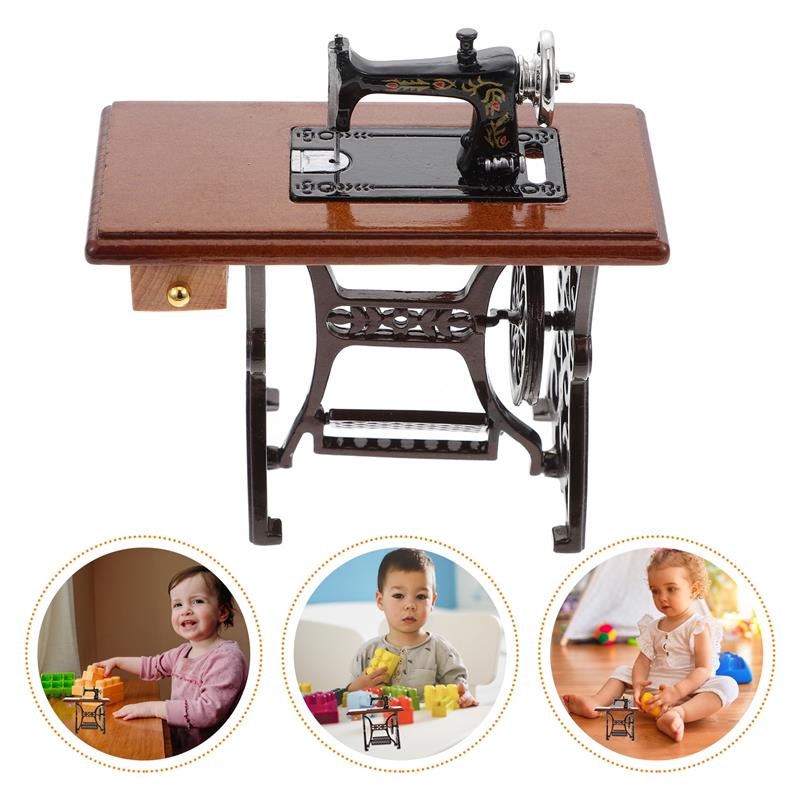 1Pc Vintage Miniature Sewing Machine Wooden Alloy Material Dollhouse Accessory 1 12 Scale Model House Decoration Mini Furniture
