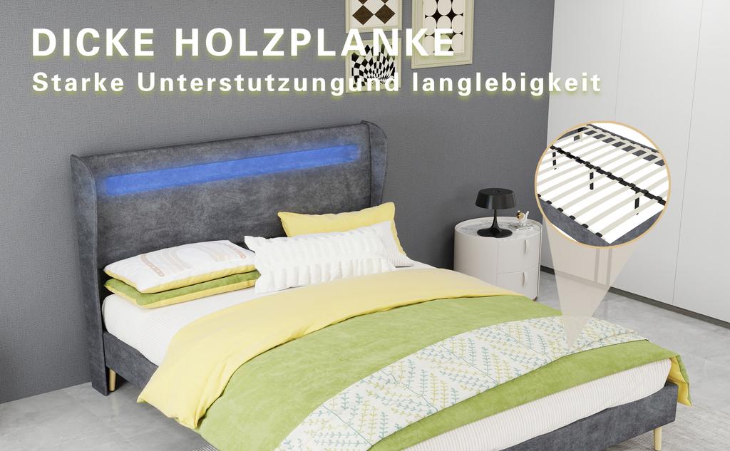 Minimalist Upholstered Bed with LED-Integrated Headboard, 140x200 cm, Grey, Low-Profile Non-Storage Base (Without Gas Lift), Mattress Not Included.