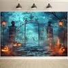 1pc2Dfalt Halloween Background Banner - Ghostly Graveyard Gate, Durable Polyester Fabric, No Electricity Required-sym