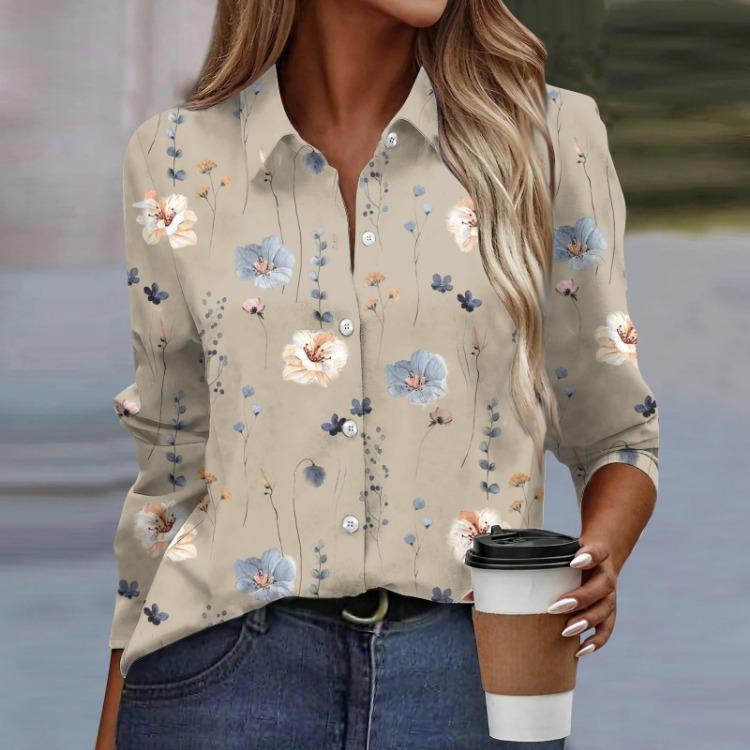 Women Floral Print Long Sleeve Button Down Blouse Casual Shirt Collar Top Basic Wear