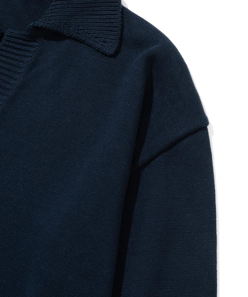 KNITTED Open Collar Ribbed Collar Knit Navy