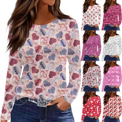 Women's Fashion Casual Slit Hem Round Neck Long Sleeve Loose Printed T-Shirt Ladies Top