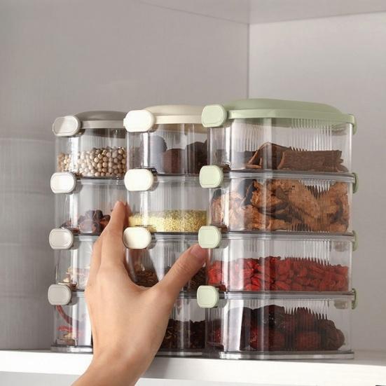 5-stufiger versiegelter Gewürzorganizer Stapelbare Gewürzaufbewahrungsboxen Luftdichter Gewürzorganizer mit transparenten unterteilten Fächern für Gewürze Kräuter Würzmittel