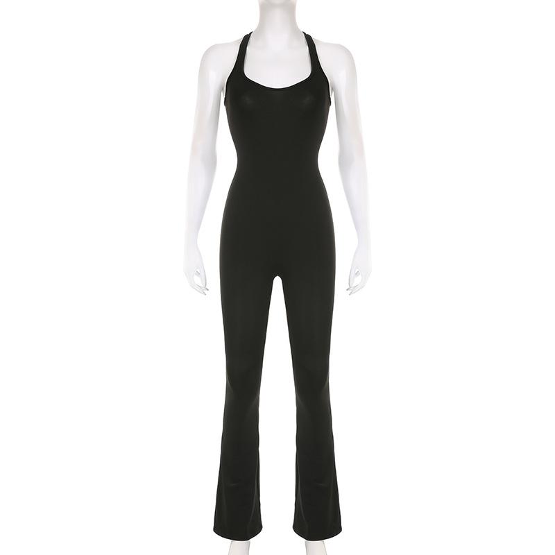 

Женские летние сексуальные комбинезоны, новые, без рукавов, однотонные, облегающие комбинезоны с открытой спиной, модные, повседневные, уличные, спортивные, комбинезоны L чёрный