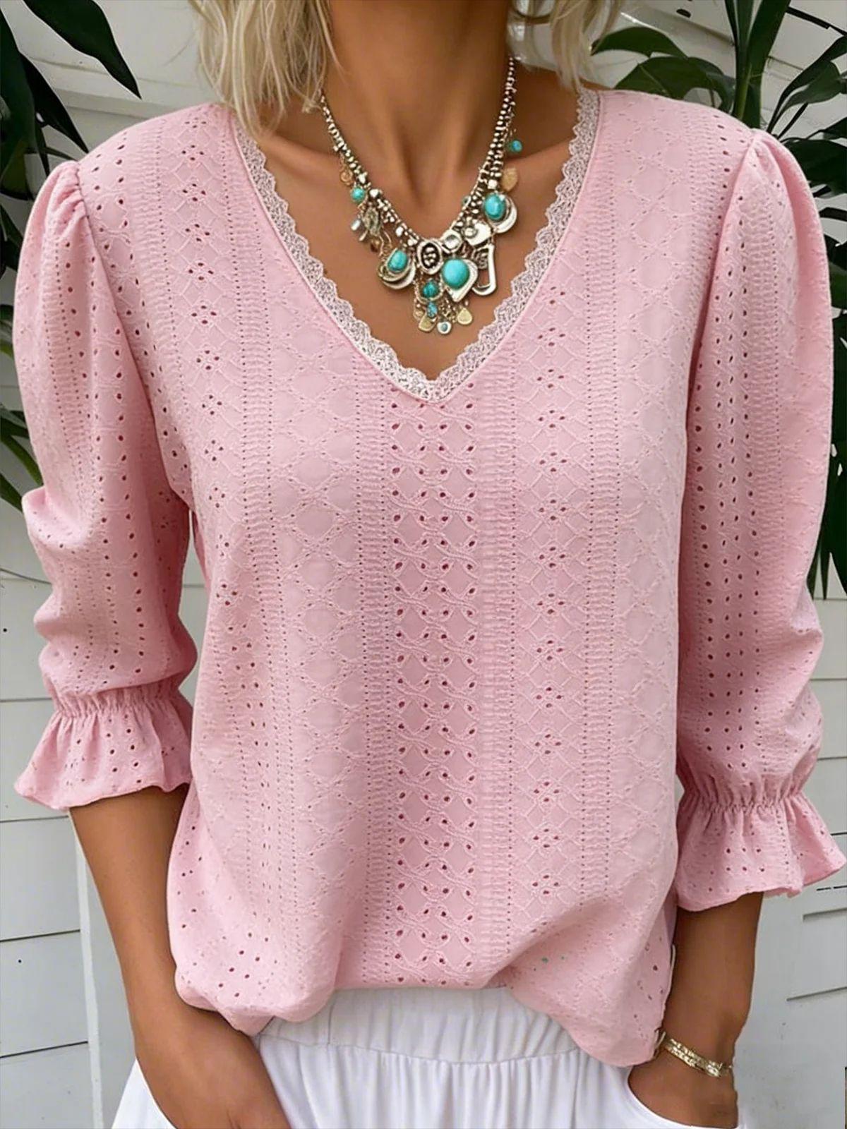 

2026 Spring Women s V-neck Hollow Casual Mid-sleeve Top Shirt Medium рожевий