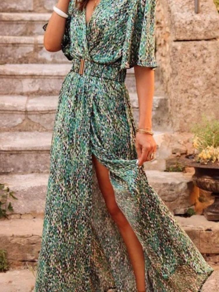 

Women s Black Floral Maxi Dress with High Slit, Bohemian Style Summer Dress with Ethnic S зелёный