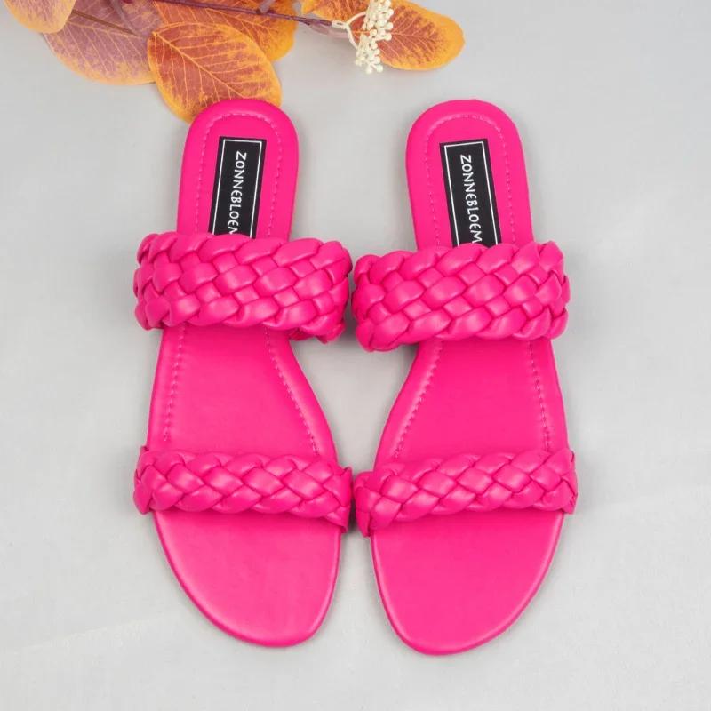 Fashion 2025 New Designer Women Outside Slippers Summer Woman Flat Slides High Quality PU Leather Fashion Double Weave Beach Sandals