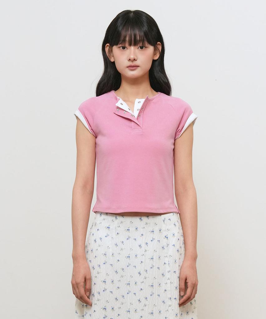 GENERALIDEA Snap Henley Neck T-Shirt [Pink] / Gf2Lts528