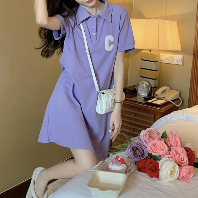 Women's Summer 2023 Slim A-Line Polo Collar Purple Dress with Short Sleeves