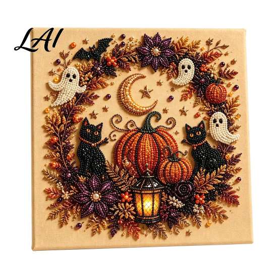 DIY Craft Projects for Adults Halloween Faux Pearl Art Kit Spooky Cute 3D Diamond Painting Easy Crafting Beginners Craft Witch Black Cat Pumpkin