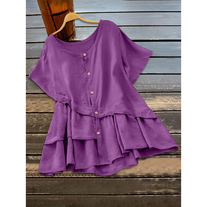 BITCED Women's Fashion Casual Solid Color Print Short Sleeve O-Neck Blouses & Shirts